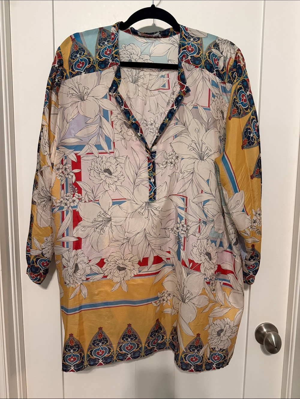 Johnny Was Pedia 100% Silk Yellow Floral and Multicolor Bohemian Tunic